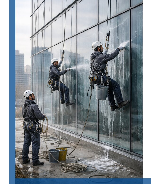 Промышленная мойка панорамных окон на высоте в Мирном