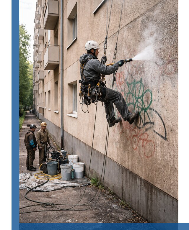 Удаление граффити с фасада в Мирном без следов и повреждений