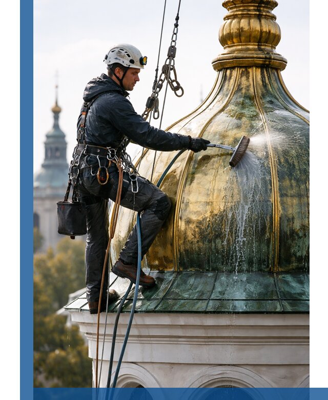 Профессиональная мойка куполов и шпилей высотными альпинистами в Мирном