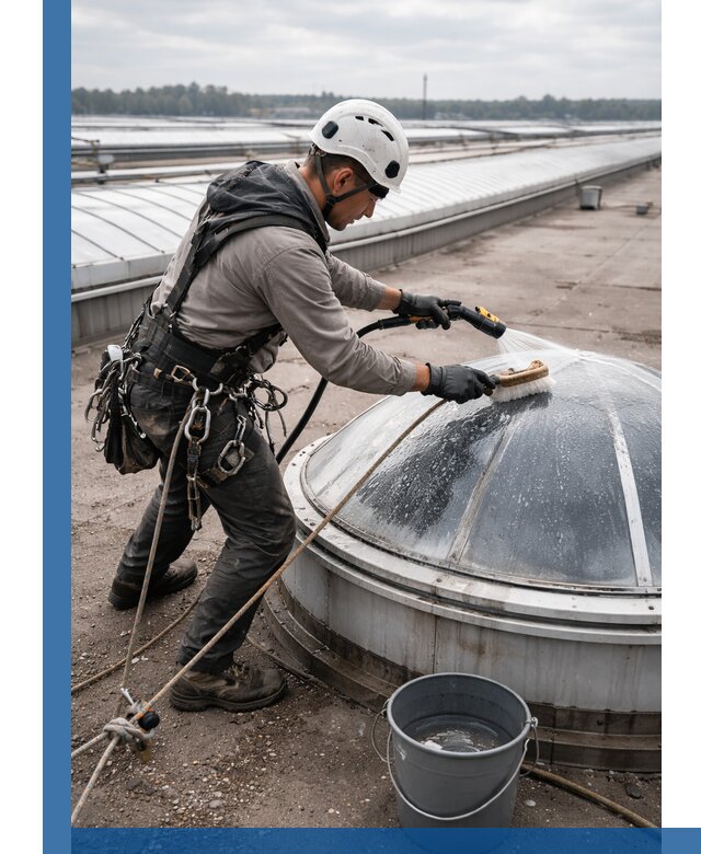 Мойка зенитных фонарей на кровле для промышленных объектов в Мирном