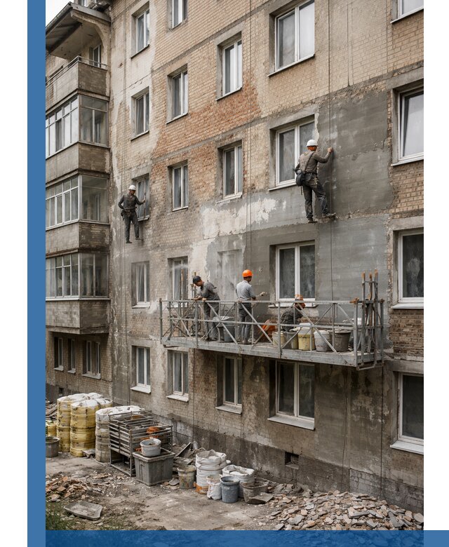 Капитальный ремонт фасада в Мирном с восстановлением и гидроизоляцией