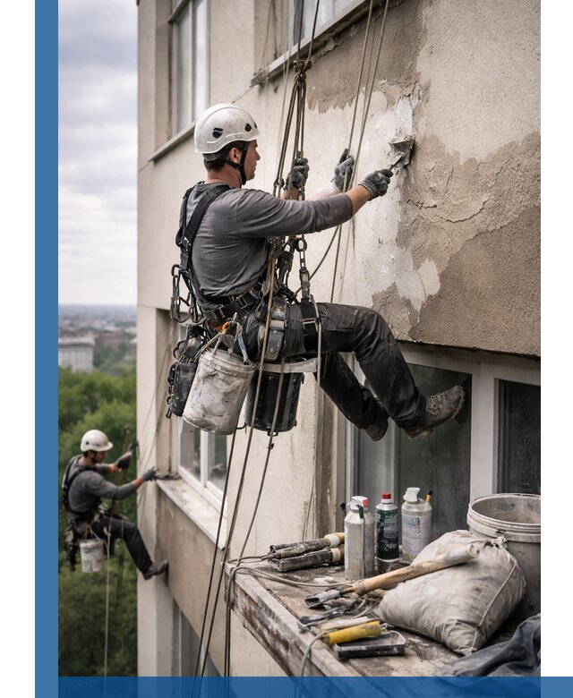 Косметический ремонт фасада зданий в Мирном промышленными альпинистами