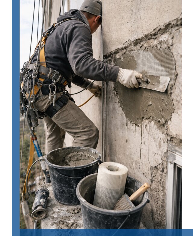 Ремонт бетонных элементов фасада промышленными альпинистами в Мирном