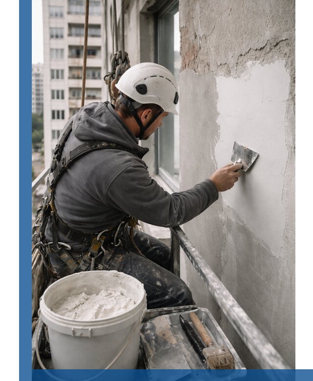 Шпаклевка фасадов на высоте с промальпинистами в Мирном