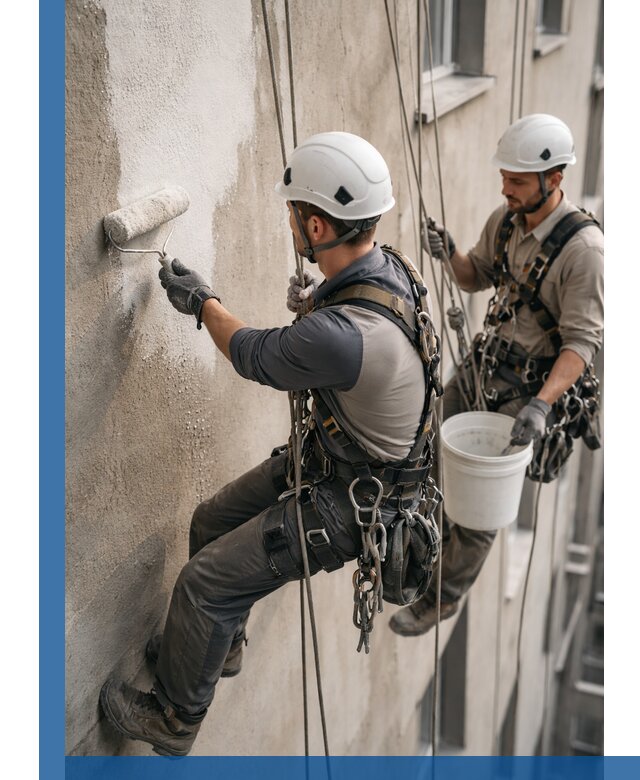 Грунтовка фасада на высоте в Мирном промышленными альпинистами