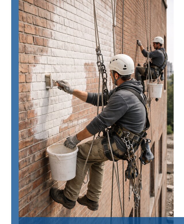 Покраска кирпичного фасада с доступным альпинистским сервисом в Мирном