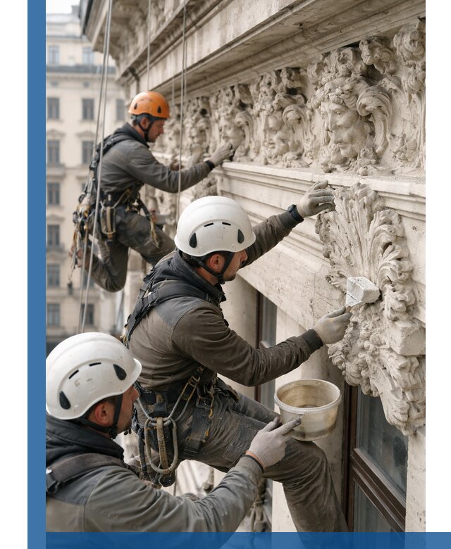 Реставрация фасадной лепнины с высотными работами в Мирном