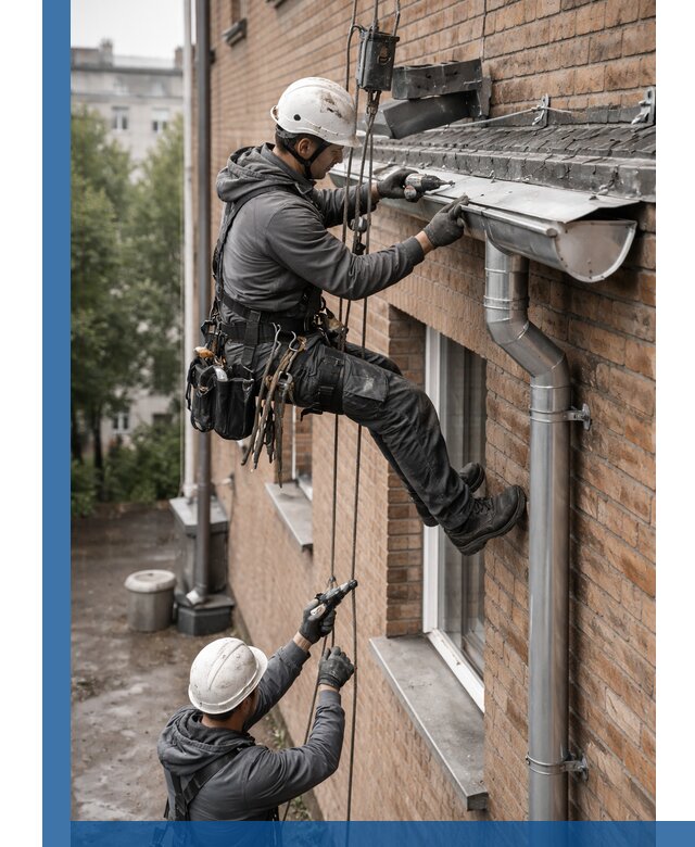 Монтаж водосточной системы на здании в Мирном под ключ