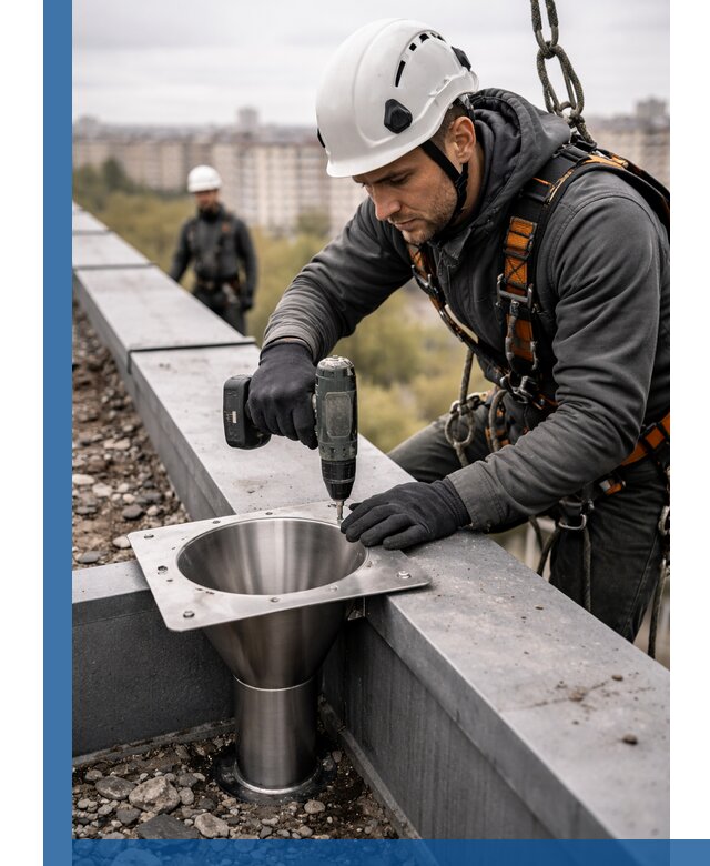 Монтаж водосточных воронок в Мирном для промышленных зданий