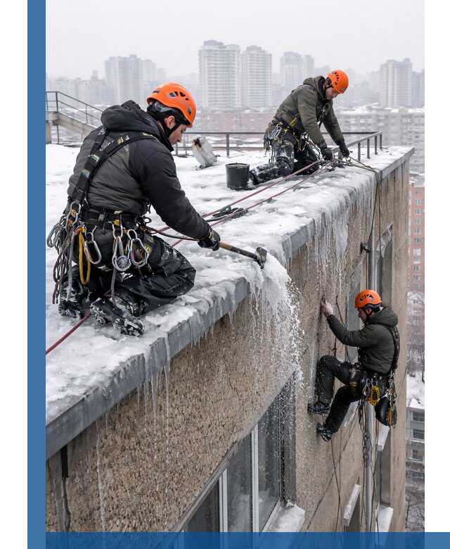 Удаление наледи с кровли в Мирном промышленными альпинистами