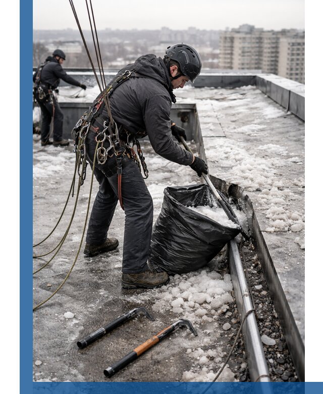 Аварийная очистка кровли в Мирном от промальпинистов