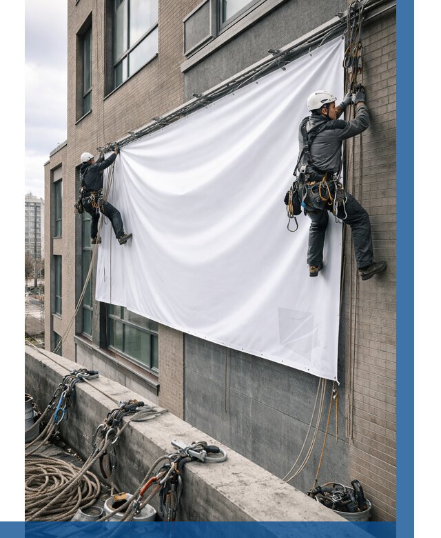 Монтаж баннеров на фасаде в Мирном от 657 р. заказать ВЫСОТНИК-Мир