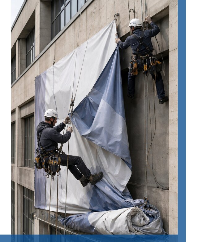 Демонтаж баннеров с фасада в Мирном от 4549 р. | ВЫСОТНИК-Мир