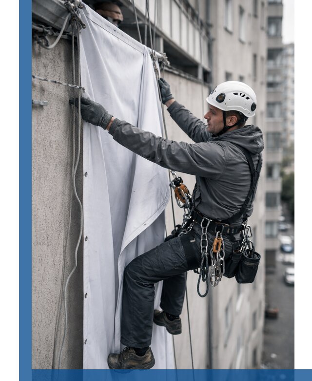 Замена баннерного полотна промышленными альпинистами в Мирном
