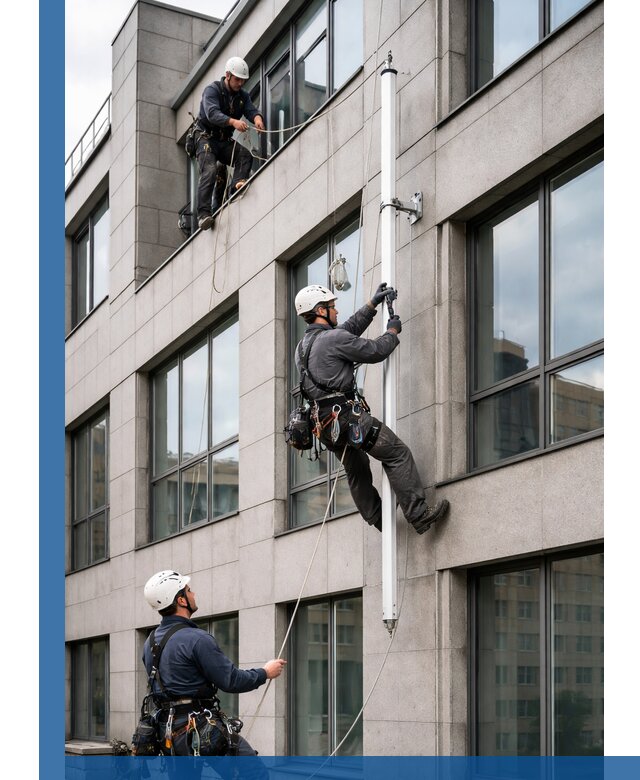 Монтаж флагштока на фасаде здания с креплением и герметикой в Мирном