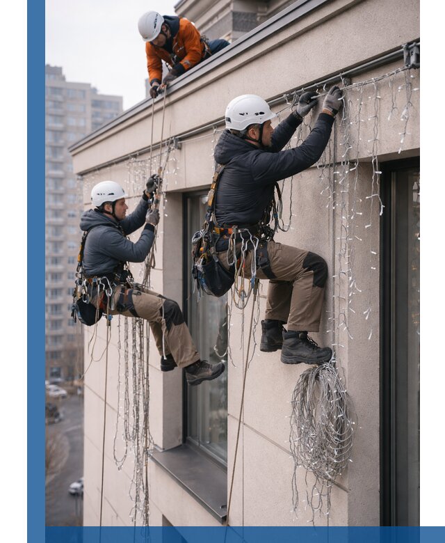 Монтаж праздничных гирлянд на фасаде в Мирном для зданий