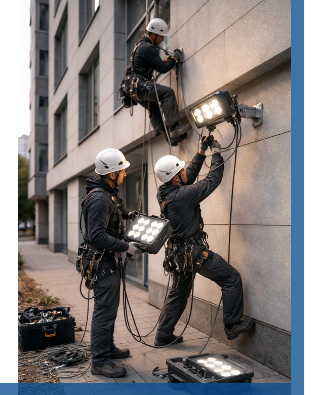 Монтаж прожекторов на фасаде в Мирном от 7582 р. | ВЫСОТНИК-Мир