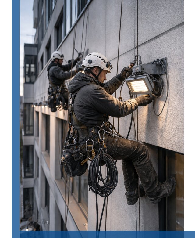 Монтаж фасадного освещения в Мирном установка и подключение