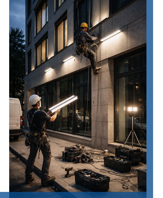 Монтаж архитектурной подсветки здания в Мирном от 2527 р.|ВЫСОТНИК-Мир