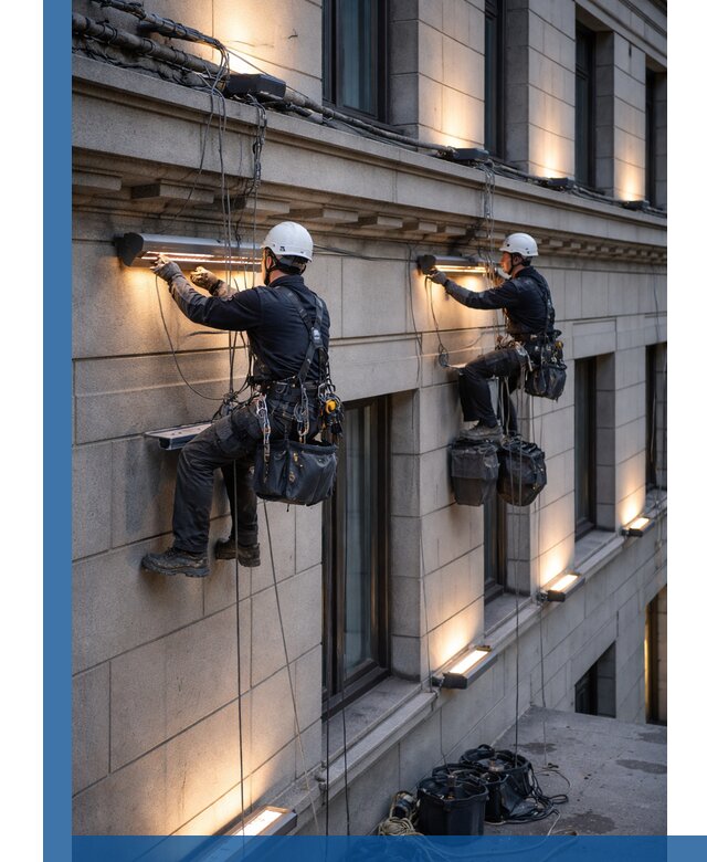 Монтаж архитектурной подсветки фасадов зданий в Мирном