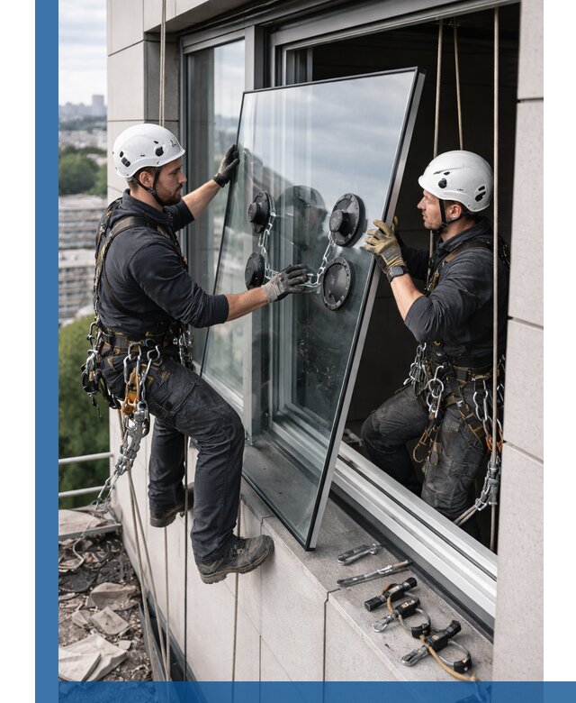 Замена стеклопакетов на высоте с промышленными альпинистами в Мирном
