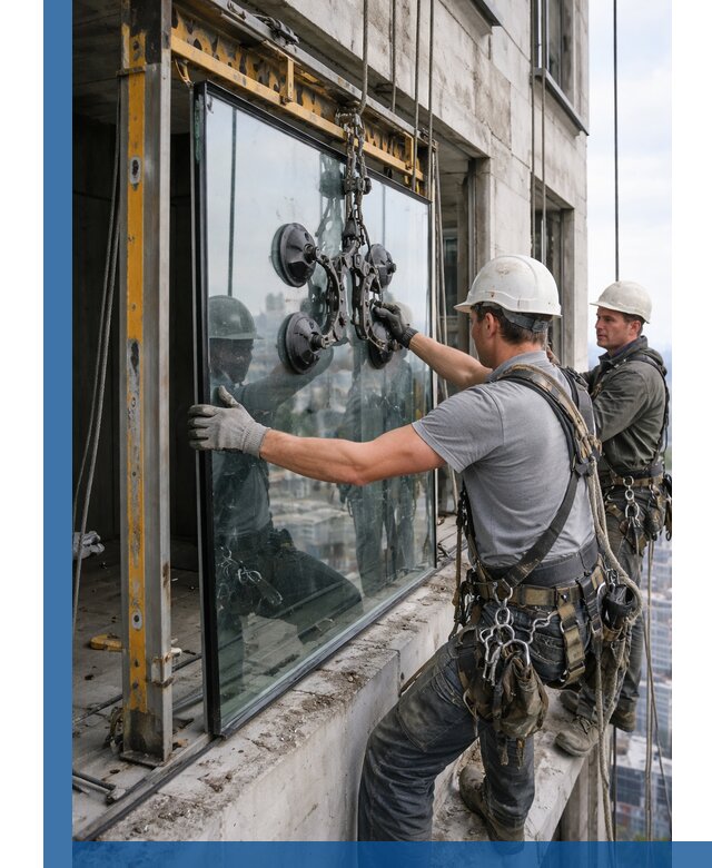 Монтаж стеклопакетов на высоте в Мирном с промышленным альпинизмом