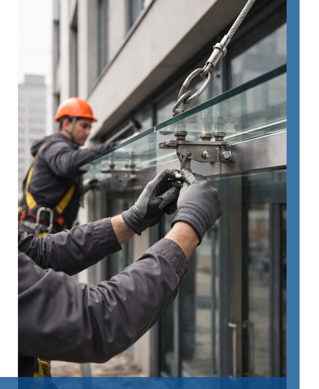 Монтаж стеклянных козырьков в Мирном от 8593 р. | ВЫСОТНИК-Мир