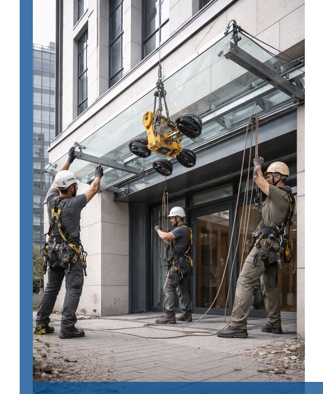 Монтаж стеклянных козырьков под ключ в Мирном для зданий