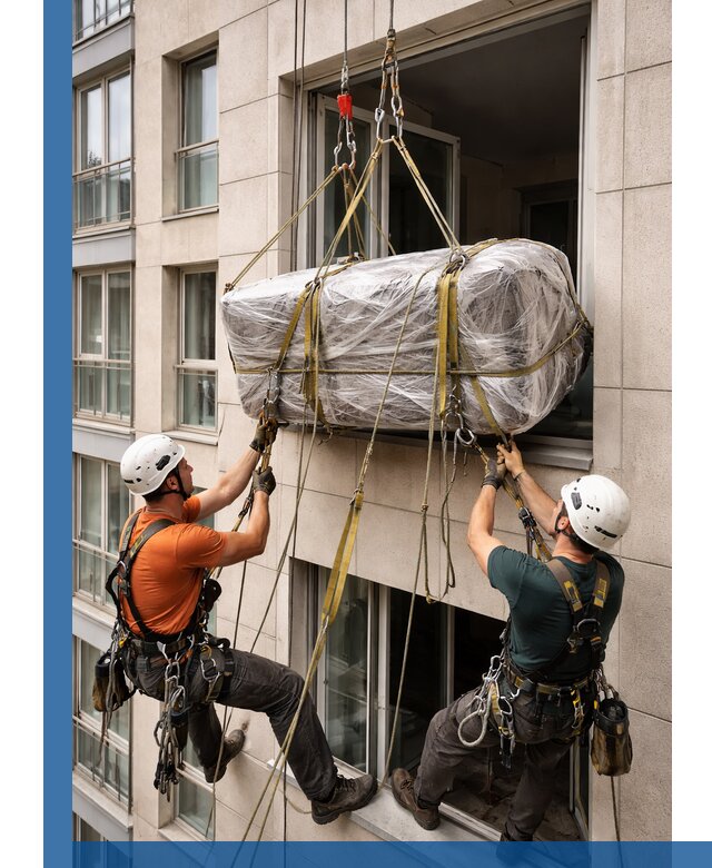 Подъем грузов через окно в Мирном промышленными альпинистами