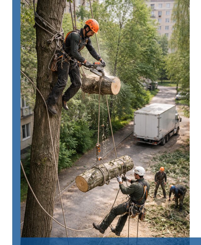 Спил деревьев альпинистами в Мирном, безопасно и без повреждений