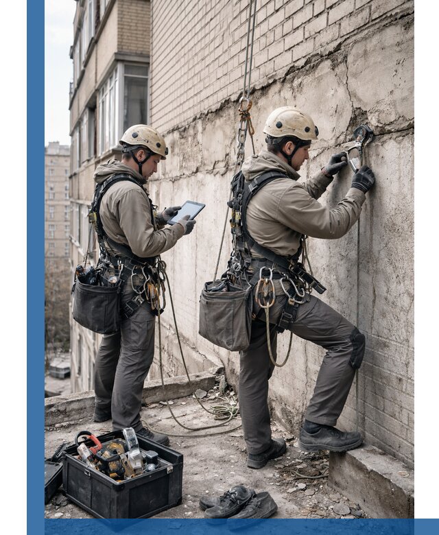 Обследование фасада промышленными альпинистами в Мирном